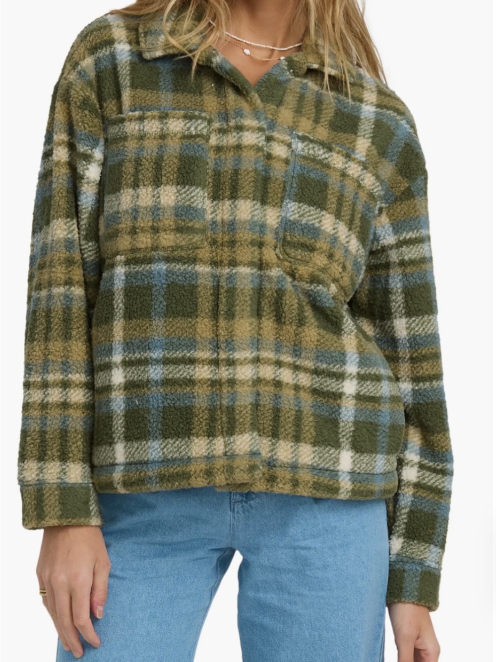 Billabong Olive Green Plaid Sherpa Pullover Jacket